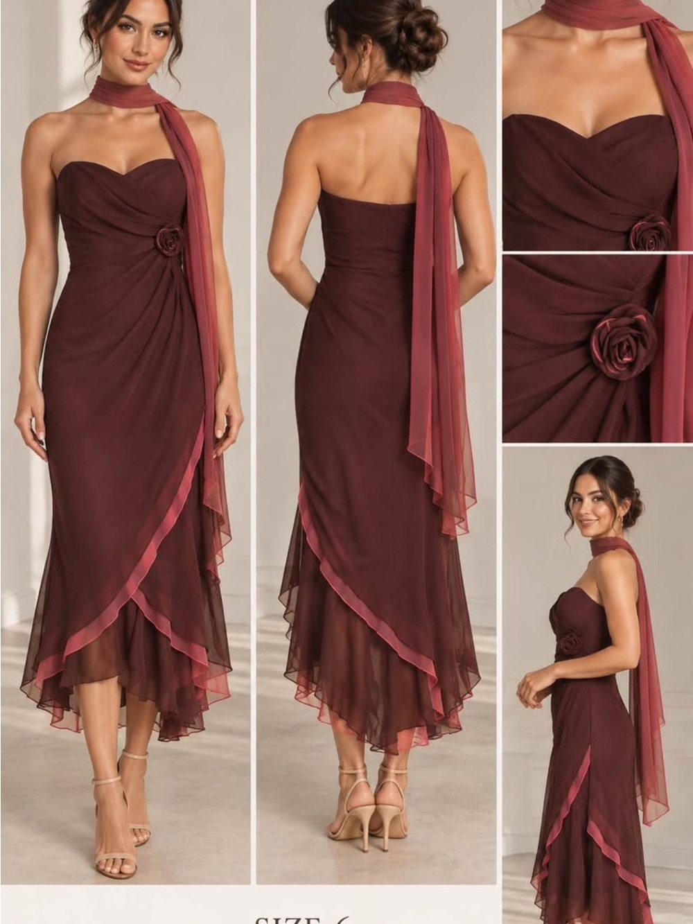 Strapless Burgundy Chiffon Asymmetrical Dress with Scarf
